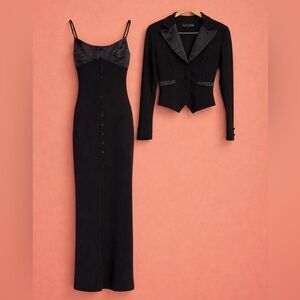 Fab - Vintage Betsey Johnson Black Fitted Ribbed Maxi w/Matching Tux Jacket